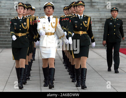 Beijing, China. 25th Oct, 2019. Chinese soldiers prepare to perform military honor guard duties for a welcoming ceremony at the Great Hall of the People in Beijing on Friday, October 25, 2019. China's defense spending will rise 7.5 percent from 2018, as it is closely watched worldwide for clues to the country's strategic military intentions. Photo by Stephen Shaver/UPI Credit: UPI/Alamy Live News Stock Photo