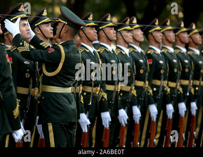 Beijing, China. 25th Oct, 2019. Chinese soldiers prepare to perform military honor guard duties for a welcoming ceremony at the Great Hall of the People in Beijing on Friday, October 25, 2019. China's defense spending will rise 7.5 percent from 2018, as it is closely watched worldwide for clues to the country's strategic military intentions. Photo by Stephen Shaver/UPI Credit: UPI/Alamy Live News Stock Photo