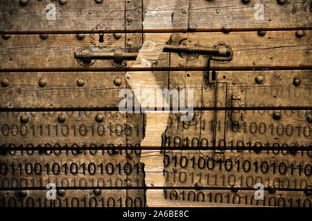 Violation of the secret code file - concept image with binary code agaist an old rusty metal door on wooden background Stock Photo