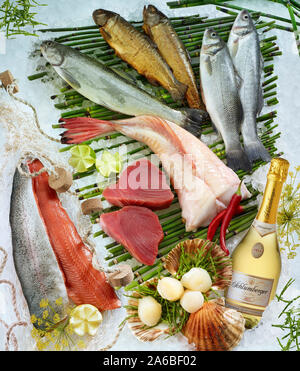 various fish on ice, sparkling wine bottle, decoration with algae, lime and fishing net Stock Photo