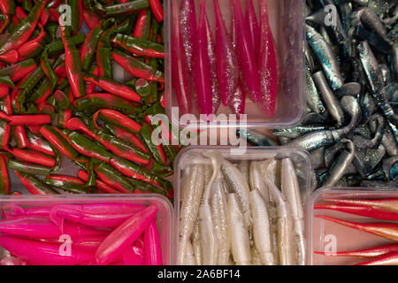 Ijmuiden/Holland - October 06 2019:Different colorful plastic fishing baits in store Stock Photo