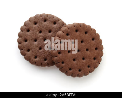 Top view of chocolate sandwich biscuits isolated on white Stock Photo