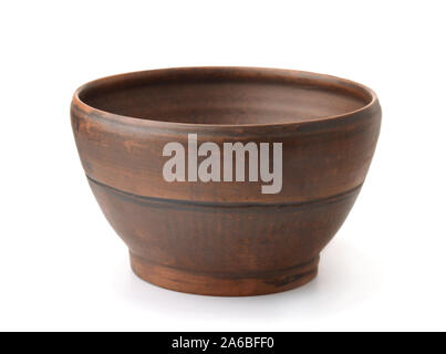 Old rustic clay bowl isolated on white Stock Photo