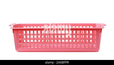Front view of pink rectangular plastic storage basket isolated on white Stock Photo