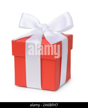 Red gift box with white ribbon isolated on white Stock Photo
