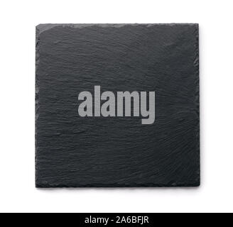 Top view of slate black stone plate isolated on white Stock Photo