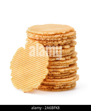 Stack of round wheat crispbreads isolated on white Stock Photo