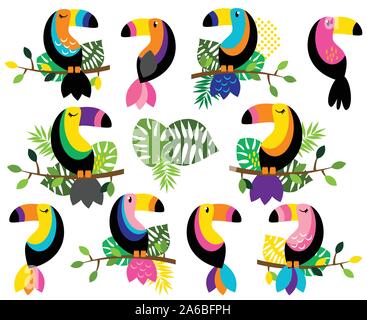 Vector Collection of Bright and Colorful Toucans and Tropical Leaves Stock Vector