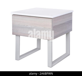 Modern gray bedside table made of wood and steel isolated on white Stock Photo