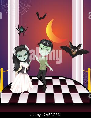 Stylish fashion cartoon zombie girl in white dress on the old balcony. Stock Vector