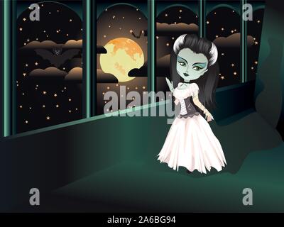 Stylish fashion cartoon zombie girl in white dress on the old balcony. Stock Vector