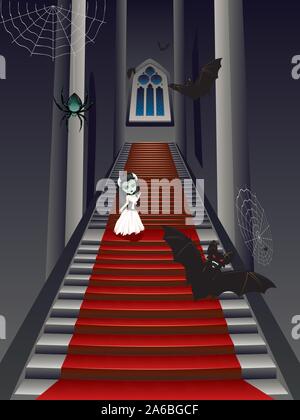 Stylish fashion cartoon zombie girl in white dress on old gothic stairs. Stock Vector