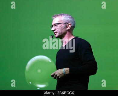 Benjamin Barratt, Senior lecturer, at King's College London, giving a talk entitled 'How I exposed a very dirty secret'  an insight into when you are most exposed to air pollution in London, on the Earth Stage, at New Scientist Live 2019 Stock Photo