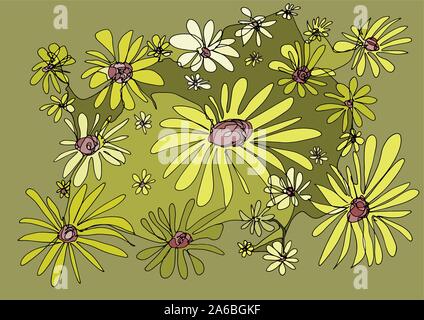 Daisies Meadow: Decorative hand-drawing. Yellow-white flowers on the mossy background. Abstract work of art can be used as a greeting card, wallpaper... Stock Vector