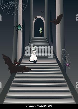 Stylish fashion cartoon zombie girl in white dress on old gothic stairs. Stock Vector