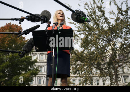 Washington DC, USA. 25th Oct, 2019. White House Counselor to the President Kellyanne Conway answers questions from members of the media outside of the of the White House in Washington, DC on Friday, October 25, 2019. Photo by Sarah Silbiger/UPI Credit: UPI/Alamy Live News Stock Photo