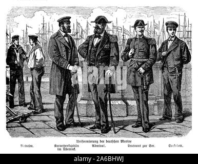 German engraving with the uniforms of the Imperial German Navy seaman and officers in 19th century, from left: sailors, corvette commander with coat, admiral, lieutenant and midshipman Stock Photo