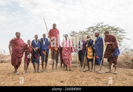 Arusha, Tanzania, 7Th September 2019: Maasai warriors jumping to impress ladies Stock Photo