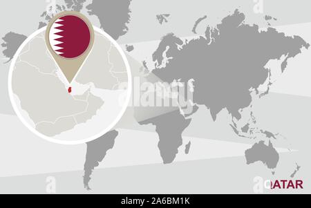 World map with magnified Qatar. Qatar flag and map. Stock Vector
