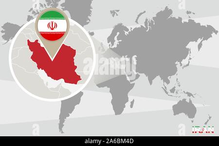 World map with magnified Iran. Iran flag and map. Stock Vector
