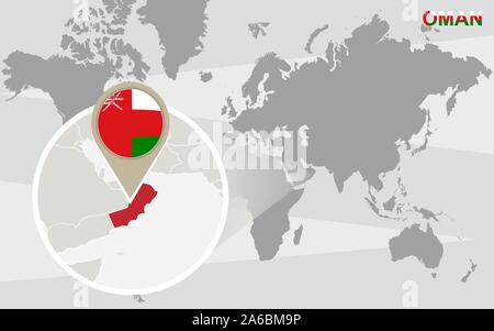World map with magnified Oman. Oman flag and map. Stock Vector