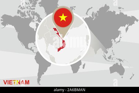 World map with magnified Vietnam. Vietnam flag and map. Stock Vector