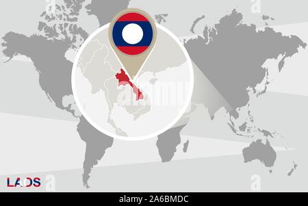 World map with magnified Laos. Laos flag and map. Stock Vector