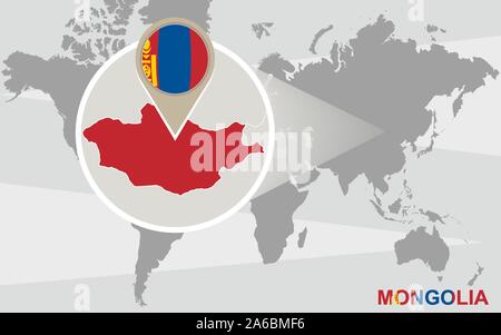 World map with magnified Mongolia. Mongolia flag and map. Stock Vector