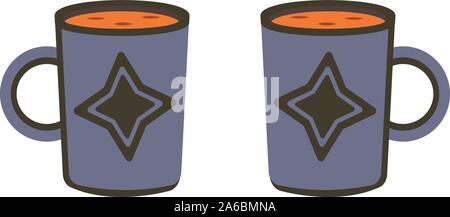 Two blue mugs of tea or coffee with a star-shaped pattern. Stylish illustration of dishes Stock Vector