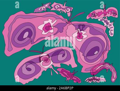 Drawing pattern with flying pink butterflies on emerald green background. Decorative work of art can be used as a greeting card, background and more. Stock Vector