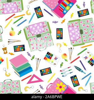 Seamless school pattern. Background with school objects Stock Vector