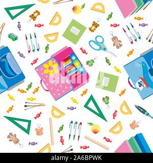 Seamless school pattern. Background with school objects Stock Vector