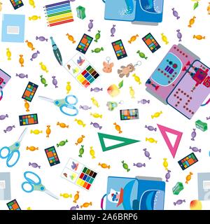 Seamless school pattern. Background with school objects Stock Vector