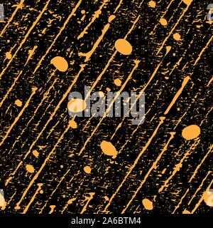 Abstract gold scratched diagonal lines, specks and circles. Concept design for shooting stars or paint spatter. Seamless vector pattern on black Stock Vector