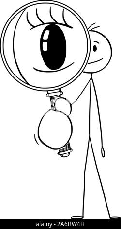 Vector cartoon stick figure drawing conceptual illustration of man or detective looking through magnifying glass or magnifier. Stock Vector