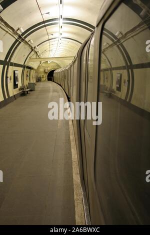 Aldwych abandoned Tube station platform. Stock Photo