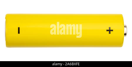 Top view of yellow AA alkaline battery (Mignon) or NiMH rechargeable cell isolated on white background Stock Photo