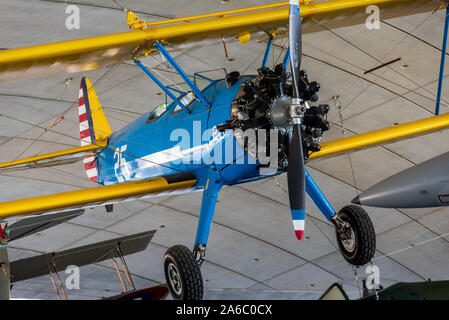 Vintage Boeing Stearman PT17 Biplane trainer aircraft at the American Air Museum at the Imperial War Museum, Duxford, Cambridgeshire UK Stock Photo