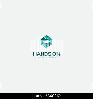 hands on logo with geometric holding hands Stock Vector