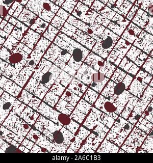Gritty black and red scratched grunge grid with random specks and spatter marks. Seamless vector pattern on white background. Great for texture Stock Vector