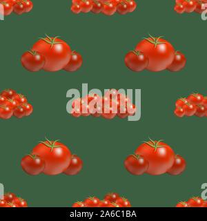 Red Ripe Tomato Seamless Pattern Isolated on Dark Green Background. Vegetable Organic Texture Stock Vector