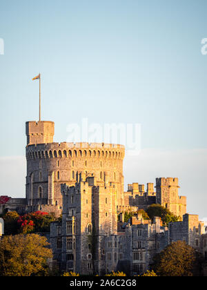 Last Sunshine of the Day hitting the Towers of Royal Windsor Castle, Windsor, Berkshire, England, UK, GB. Stock Photo