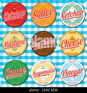 Set of ketchup, vinegar, mustard, soy, cheese and mayonnaise sauce labels Stock Vector