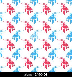 Horned Goats Seamless Pattern Isolated on White Background. Red Blue Silhouette of Ram Stock Vector