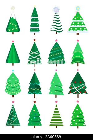 Christmas trees collection of flat vector. New Years and xmas tree icon with garlands, light bulb, star, snowflakes. Stock Vector