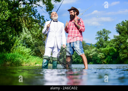Elegant Bearded Man Fishing. Catching and Fishing. Hunting