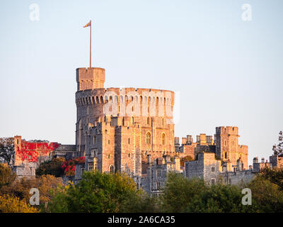 Last Sunshine of the Day hitting the Towers of Royal Windsor Castle, Windsor, Berkshire, England, UK, GB.