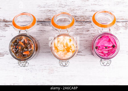 Homemade Marinated Cabbage Kimchi, Sea Kale, Sauerkraut Sour In Open Glass Jars Stock Photo