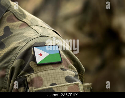 Flag of Djibouti on military uniform. Army, troops, soldiers, Africa, (collage). Stock Photo