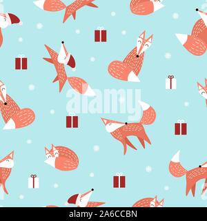 Winter seamless pattern with orange foxes with presents and snowflakes isolated on blue background. Christmas forest animals in scandinavian style. Stock Vector